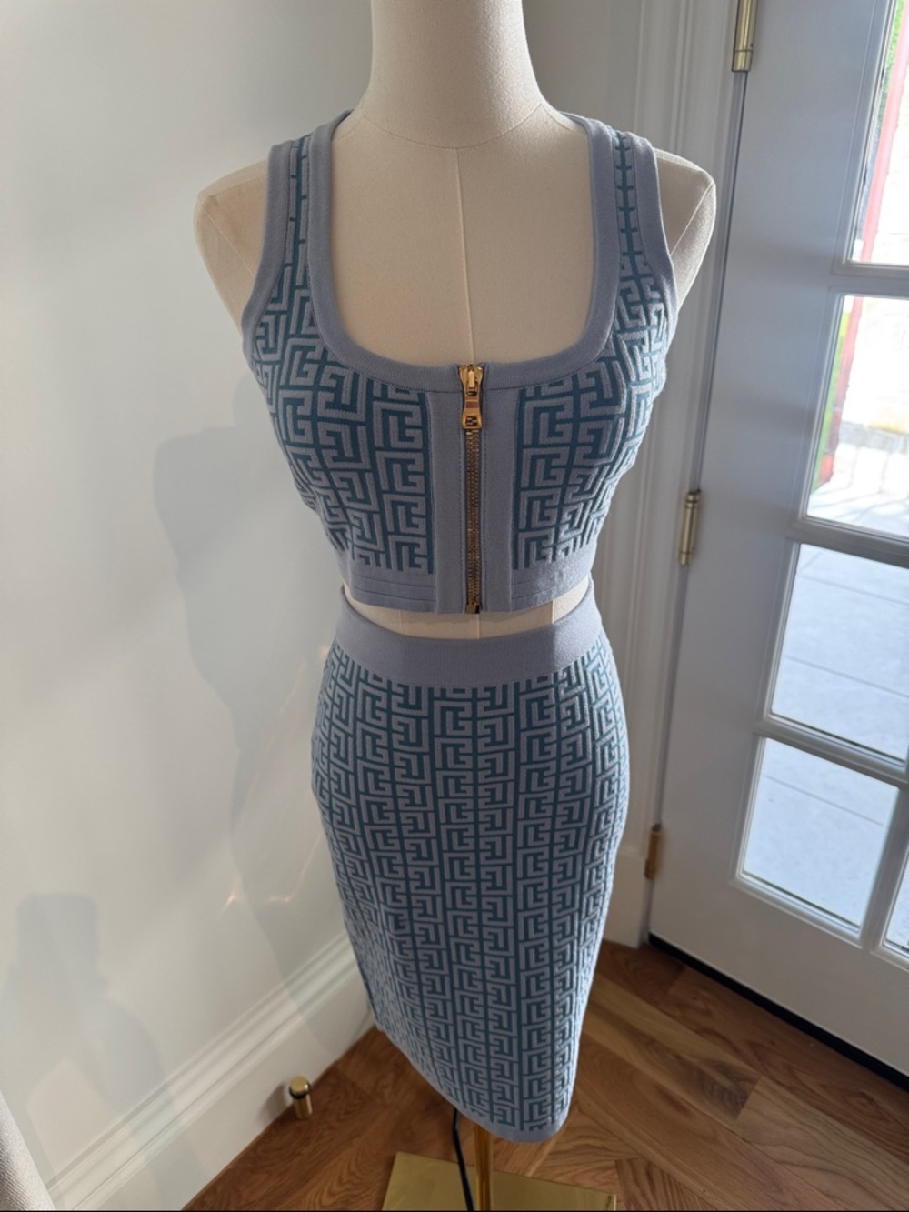 Balmain Light Blue Patterned Knit Skirt Set with Gold Zip
